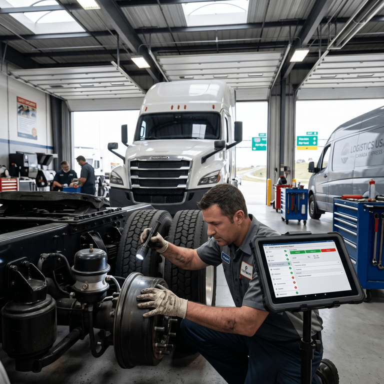 A heavy-duty diesel mechanic inspecting air brakes using a digital maintenance tracking tablet