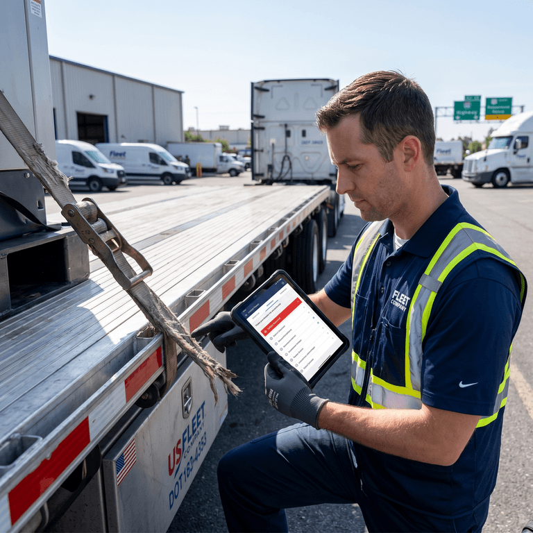 Flatbed trailer showing frayed synthetic securement straps and inadequate tiedowns flagged during a 2026 CVSA Level I inspection