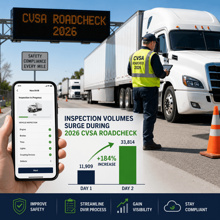 Bar chart comparing Day 1 vs Day 2 inspection volumes during the 2026 CVSA Roadcheck showing the dramatic volume surge