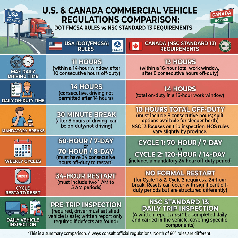A side-by-side comparison chart showing DOT FMCSA rules versus Canadian NSC Standard 13 requirements
