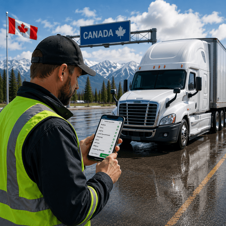 A truck driver conducting a Schedule 1 electronic trip inspection in Canada using a smartphone app