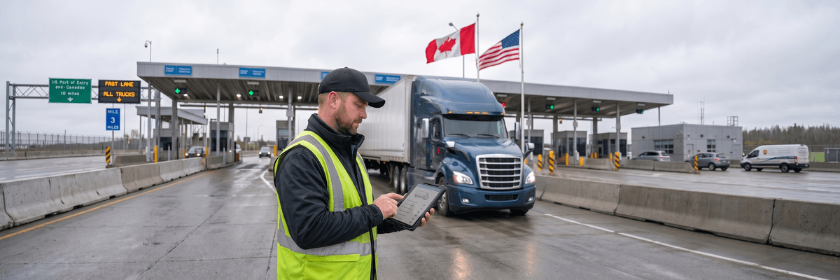 A commercial truck crossing the US-Canada border while a driver uses an electronic trip inspection app