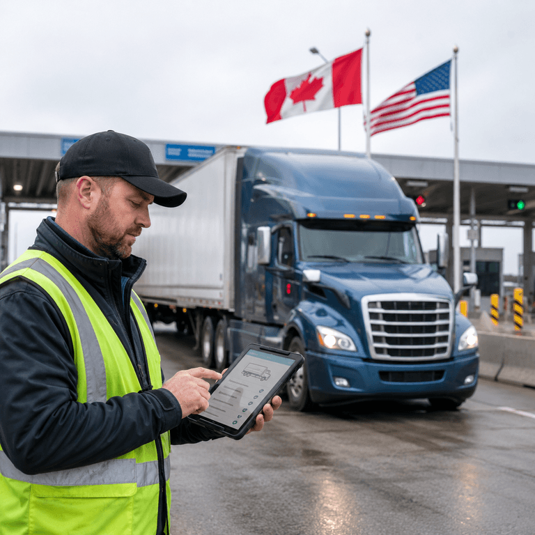 A commercial truck crossing the US-Canada border while a driver uses an electronic trip inspection app