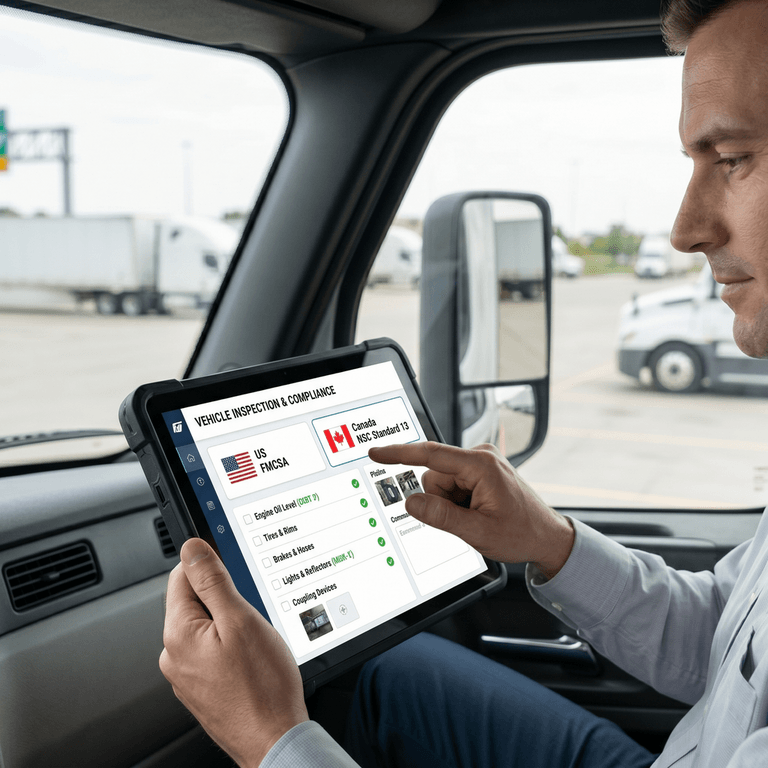 pti4you.com fleet management software dashboard showing a seamless switch between US FMCSA and Canadian NSC Standard 13 forms