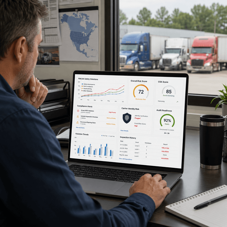 A laptop screen displaying a risk monitoring dashboard tracking FMCSA safety violations and carrier identity fraud alerts