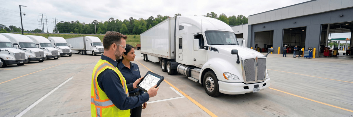 A DOT inspector reviewing digital fleet compliance records to verify carrier identity and safety fitness rating