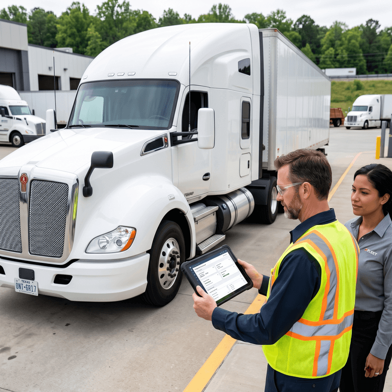 A DOT inspector reviewing digital fleet compliance records to verify carrier identity and safety fitness rating