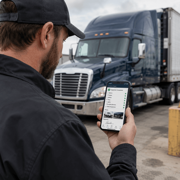 A smartphone displaying the PTI4YOU electronic DVIR app interface used by a truck driver for a pre-trip inspection