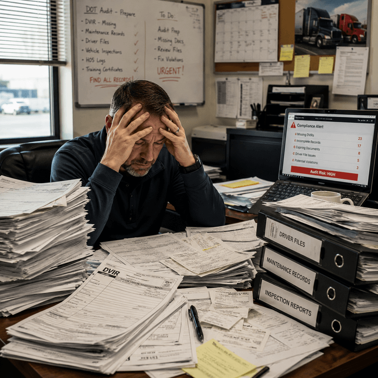 A stressed fleet manager reviewing disorganized paper compliance documents during a DOT audit