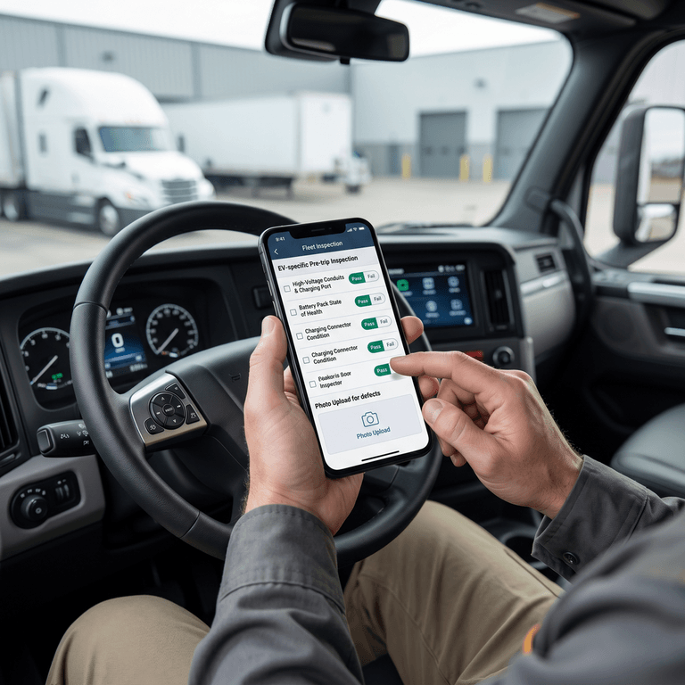 A commercial truck driver using an electronic DVIR software interface on a smartphone to complete an electric-vehicle-specific pre-trip checklist