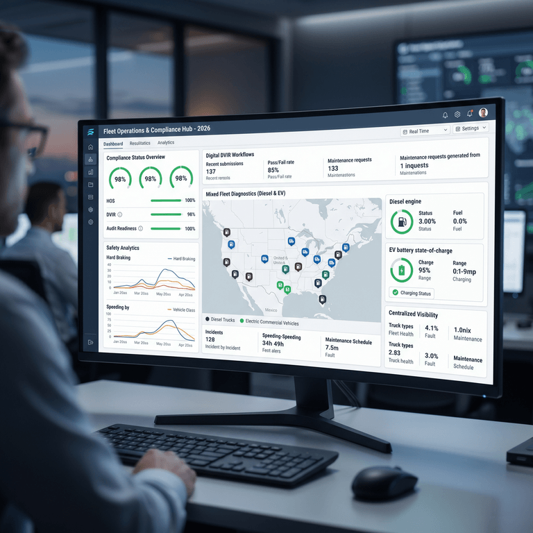 A fleet operations center displaying advanced compliance tracking dashboard software with mixed fleet diagnostics and inspection metrics