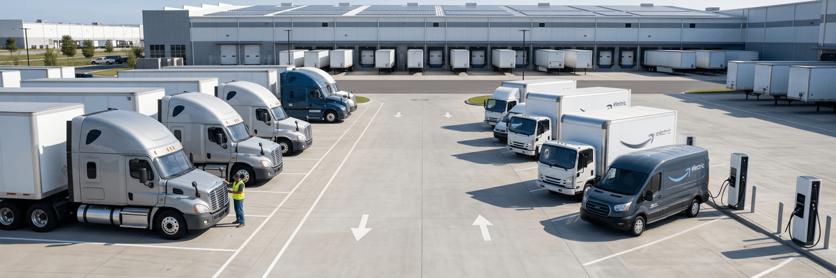 A mixed commercial transport fleet featuring diesel semi-tractors alongside electric distribution trucks at a modern logistics yard