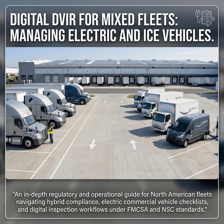 A mixed commercial transport fleet featuring diesel semi-tractors alongside electric distribution trucks at a modern logistics yard