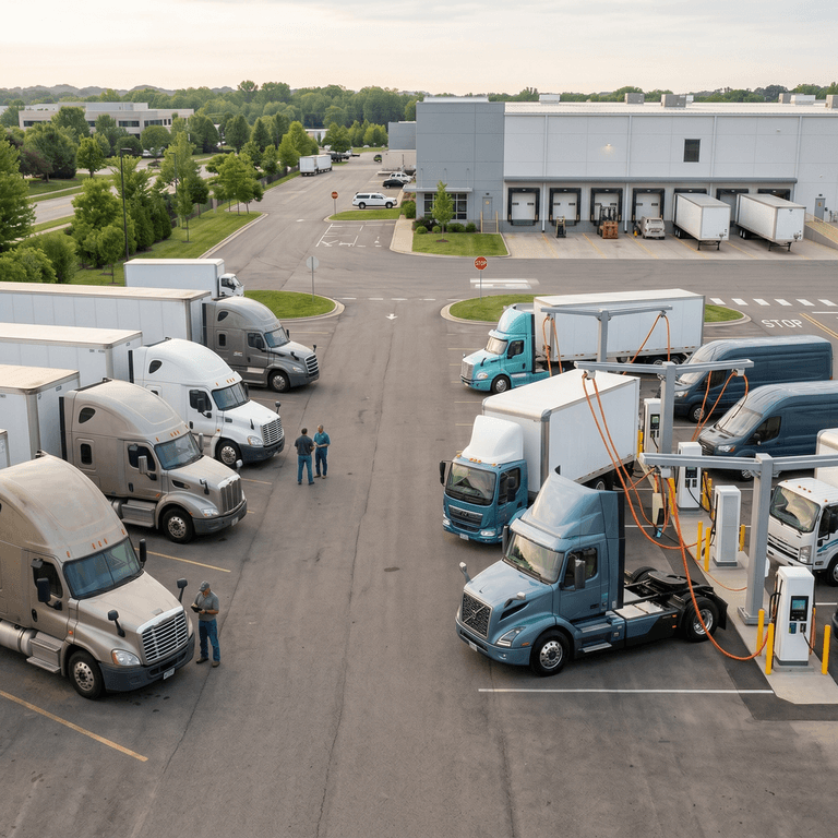 A mixed commercial transport fleet featuring diesel semi-tractors parked alongside newly deployed battery-electric distribution trucks connected to charging infrastructure