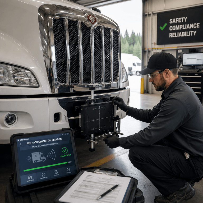 Diesel fleet maintenance technician calibrating a forward-collision radar sensor on a class 8 commercial vehicle