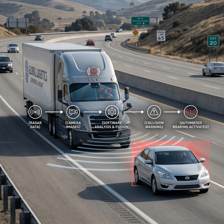 Automatic emergency braking system detecting a forward traffic hazard using radar, camera, and braking controls