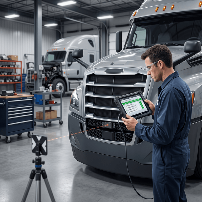 Truck driver using electronic DVIR software to document automatic emergency braking sensor checks during a pre-trip inspection
