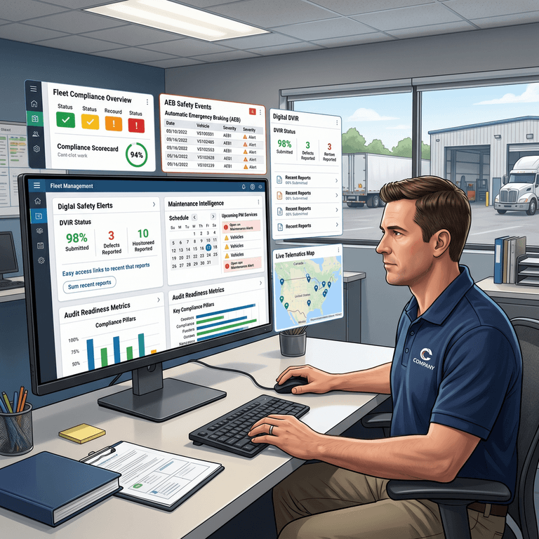 Fleet safety technology dashboard combining AEB alerts, digital DVIR records, maintenance tracking, and audit readiness metrics
