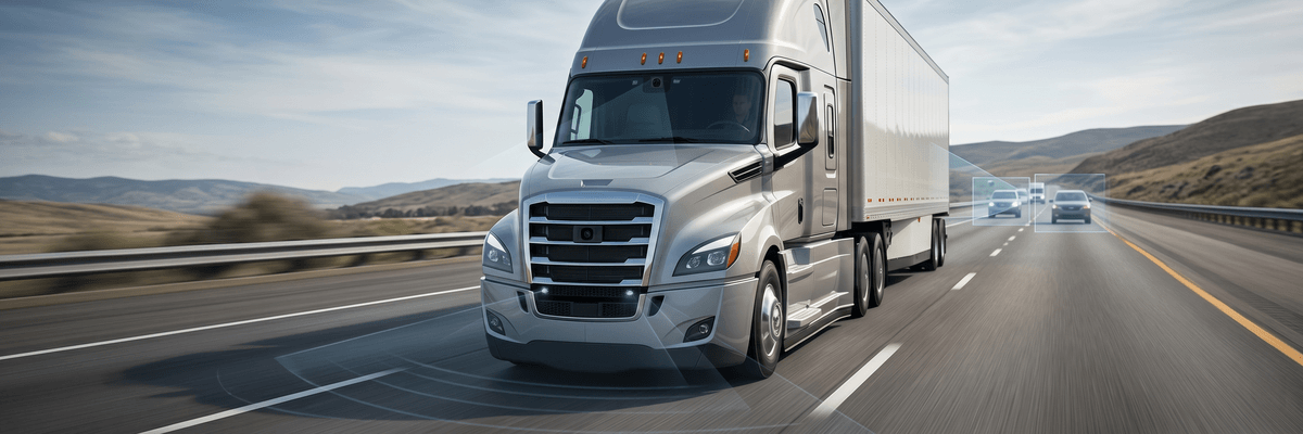 Heavy-duty commercial truck using automatic emergency braking radar and camera technology on a North American highway