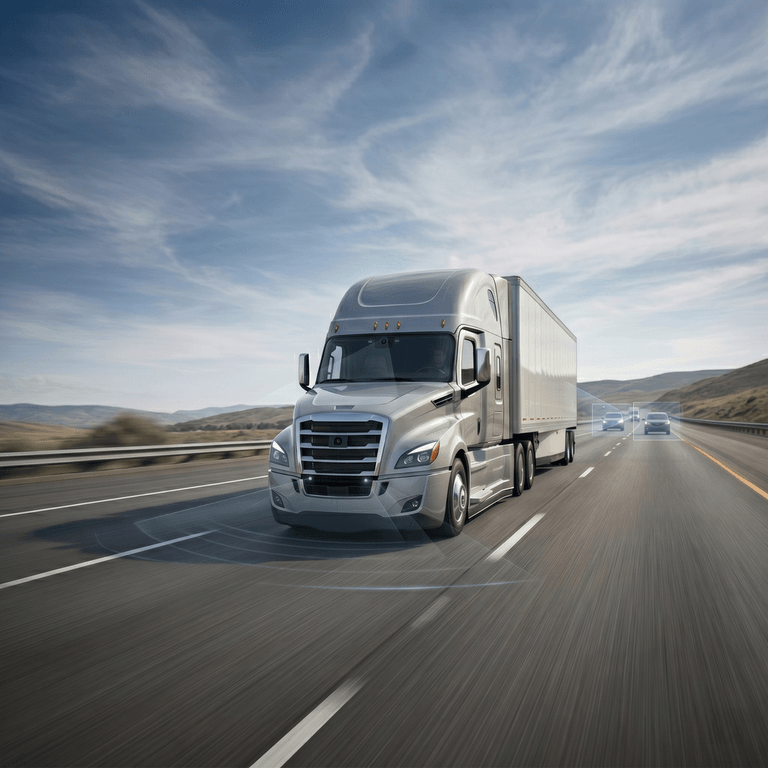 Heavy-duty commercial truck using automatic emergency braking radar and camera technology on a North American highway