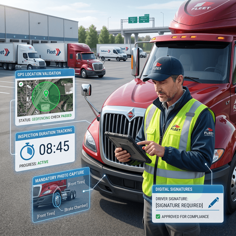 Flowchart showing how digital DVIR software verifies inspections through GPS, duration tracking, photo uploads, and digital signatures