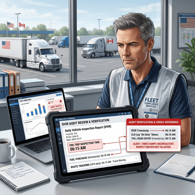 DOT compliance auditor reviewing fleet DVIR records on a tablet, highlighting timestamp mismatches and inspection anomalies