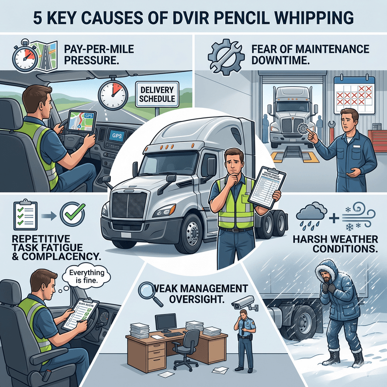 Infographic showing five root causes of pencil whipping: pay pressure, maintenance fear, weather, complacency, and weak accountability