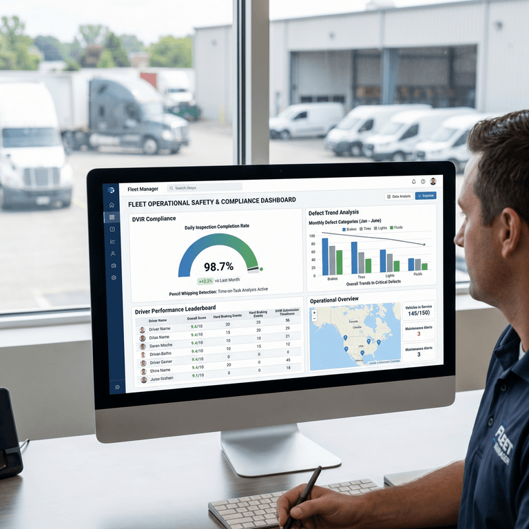 Fleet compliance dashboard showing inspection completion rates, defect trends, and driver performance analytics for pencil whipping prevention