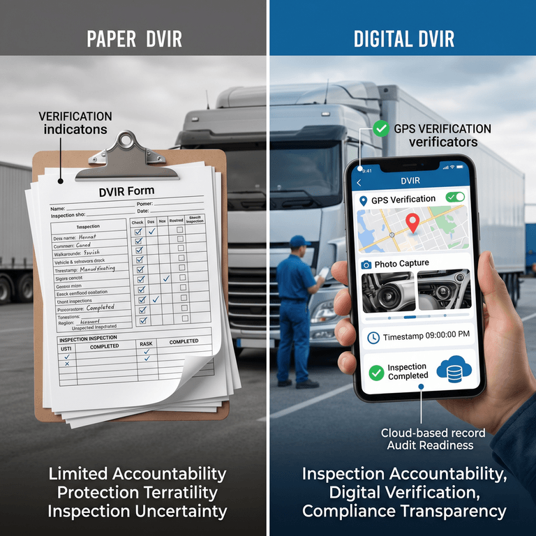 Side-by-side comparison of a paper DVIR form with checkmarks versus a digital inspection app with GPS and photo verification