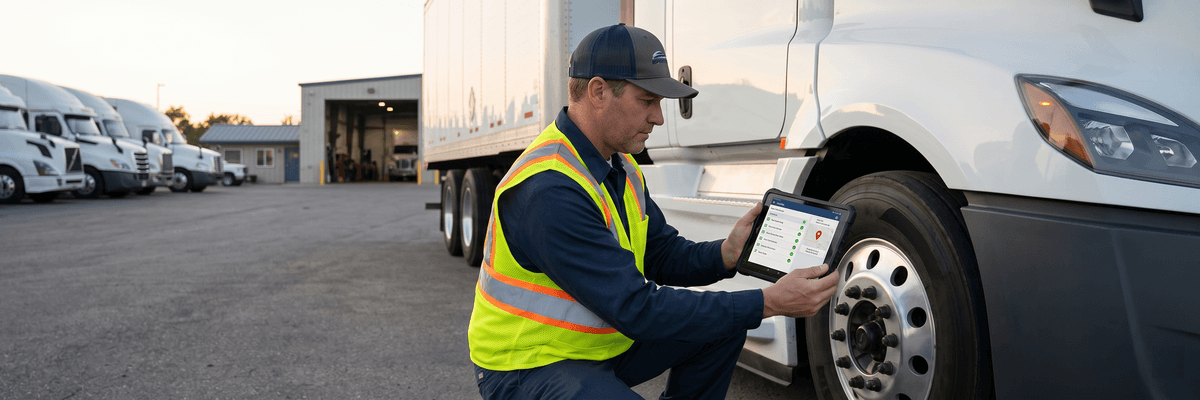 Commercial truck driver completing a digital pre-trip inspection on a smartphone instead of pencil whipping a paper form