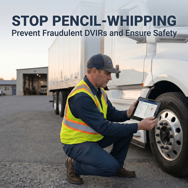 Commercial truck driver completing a digital pre-trip inspection on a smartphone instead of pencil whipping a paper form