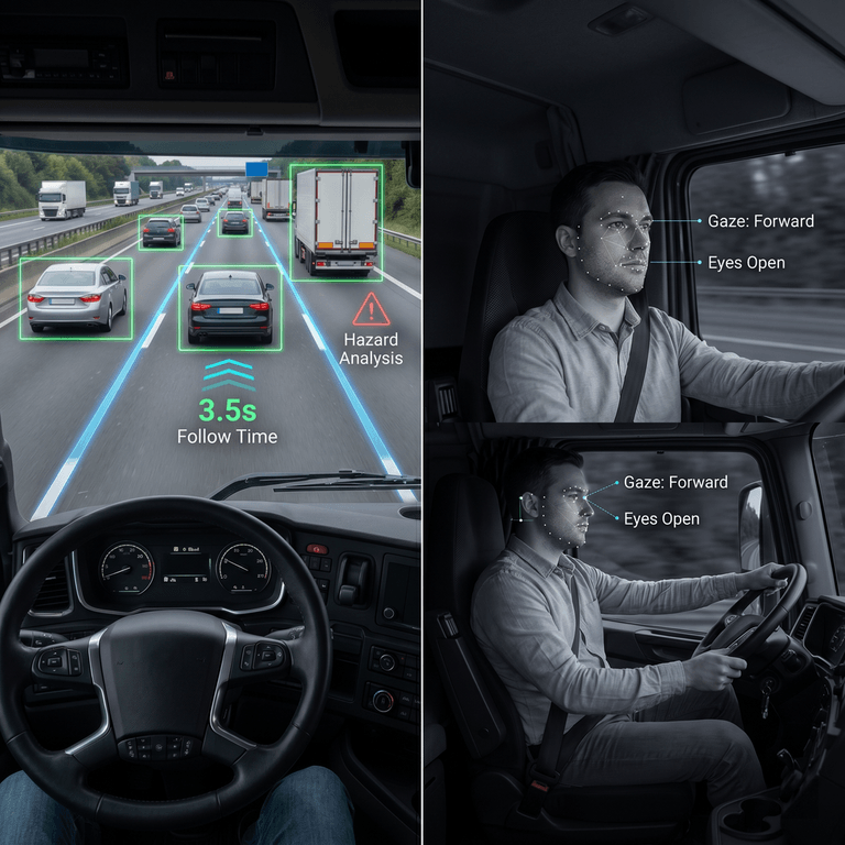 Computer vision bounding boxes and infrared facial tracking layout on an AI fleet safety technology platform