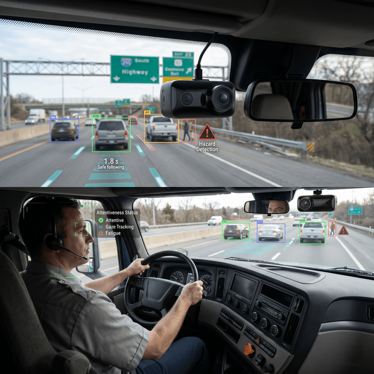 High-tech AI dash cam for trucks scanning road conditions and evaluating commercial driver safety via edge computing