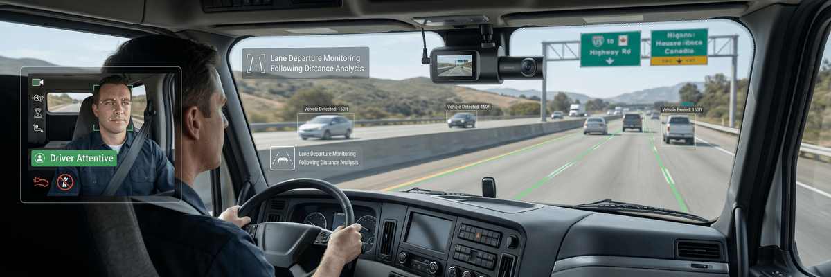 High-tech AI dash cam for trucks scanning road conditions and evaluating commercial driver safety via edge computing
