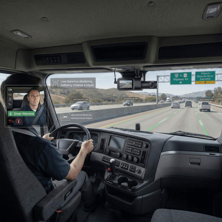 AI-powered dash cam mounted on a commercial truck windshield scanning highway traffic with computer vision overlay