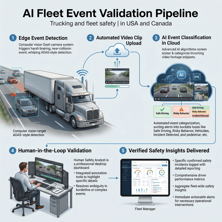 Multi-step flowchart architecture of an automated fleet event validation engine