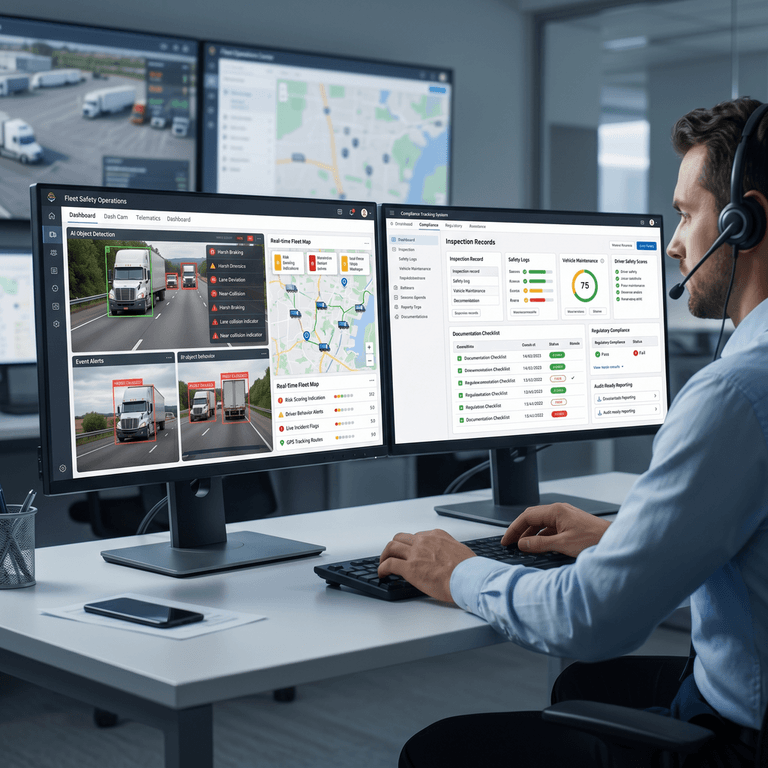 Optimized fleet management station tracking real-time safety video telematics alongside audit-ready compliance portals