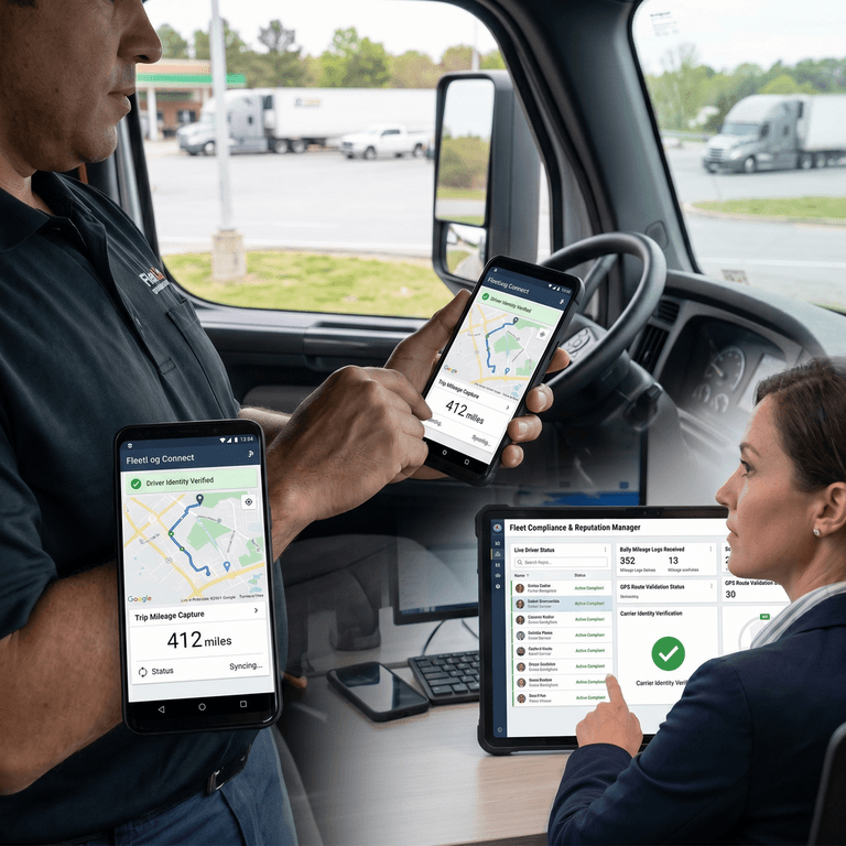 Mobile fleet compliance workflow showing driver verification, GPS-backed records, and digital mileage documentation for small fleets
