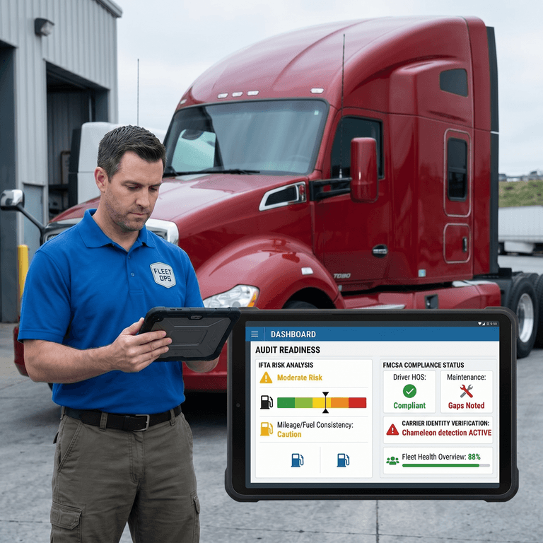 Fleet manager reviewing DOT and IFTA audit risk indicators on a digital compliance dashboard for a USA and Canada trucking operation