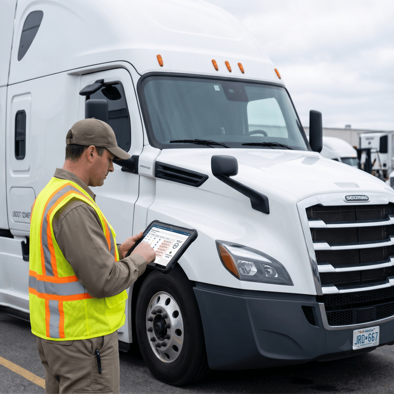 Fleet compliance dashboard showing vehicle-level mileage analytics, record exceptions, and audit readiness metrics for a small trucking fleet