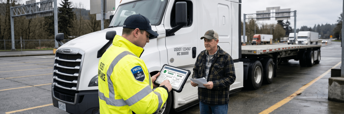 FedEx linehaul contractor reviewing IVMR mileage records and IFTA audit preparation dashboard on desktop and mobile