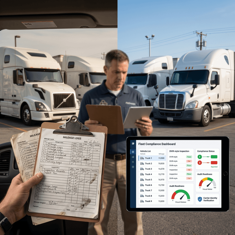 Paper mileage and inspection logs compared with a digital fleet compliance workflow on mobile and desktop