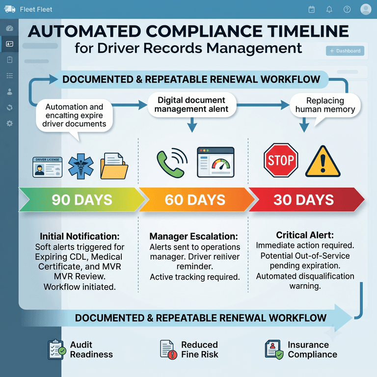 Automated compliance timeline showing 90, 60, and 30 day alerts for expiring CDLs, medical certificates, and annual MVR reviews