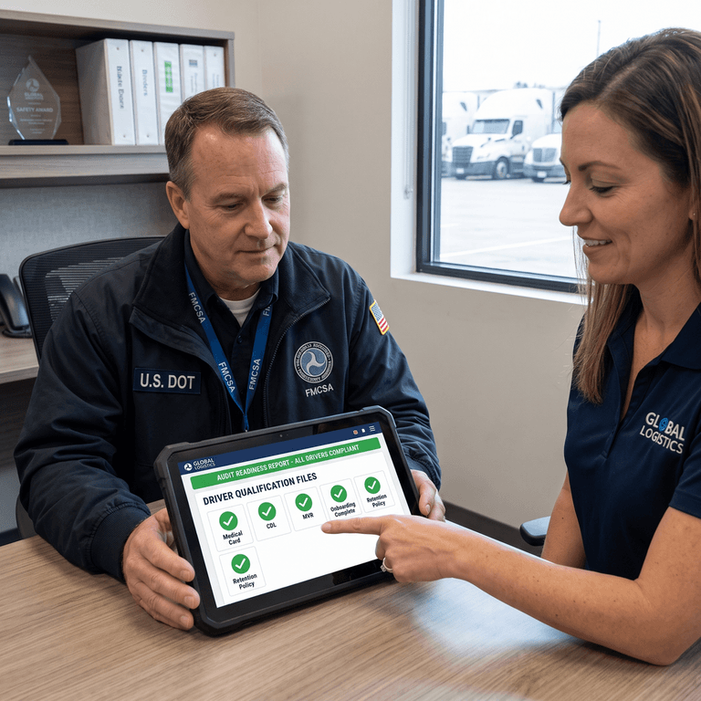 DOT auditor reviewing clean, organized electronic driver qualification records and audit readiness reports on a tablet