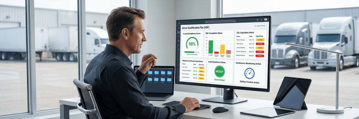 Fleet safety manager reviewing a digital driver qualification file compliance dashboard