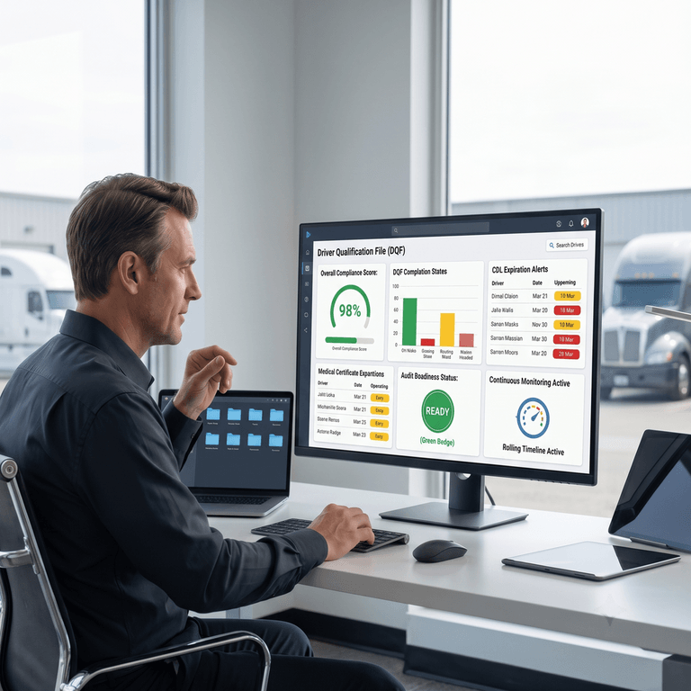 Fleet safety manager reviewing a digital driver qualification file compliance dashboard