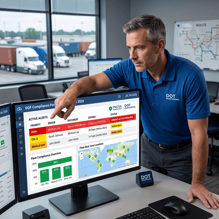 Fleet safety manager reviewing a cloud-based compliance dashboard that tracks FMCSA driver qualification records and CDL expiration alerts