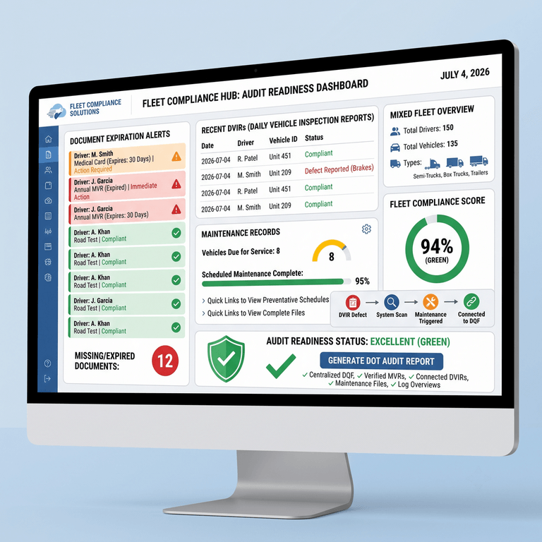 Fleet compliance dashboard showing document expiration alerts, driver verification, and audit readiness status for a mixed fleet