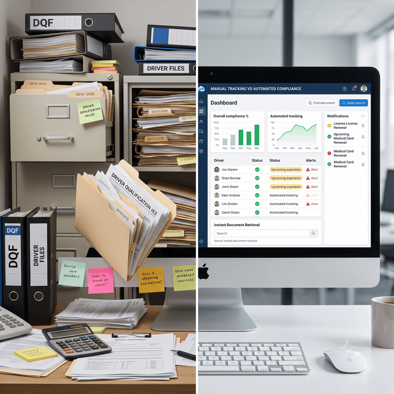 Side-by-side comparison of overflowing paper driver qualification folders versus a clean cloud-based fleet document management interface