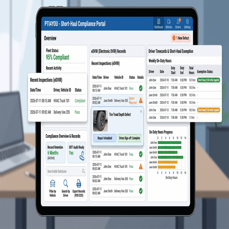 Fleet compliance dashboard showing eDVIR records, digital timecards, defect photos, and short-haul exemption status
